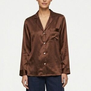 VTG Nordstrom 100% Silk Blouse Large Chocolate Brown Long Sleeve Button Up Shirt